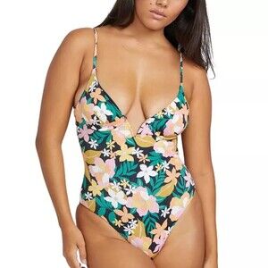 Nwt Volcom Black & Pink One Piece Floral Swimsuit Plunging V-Neckline XS